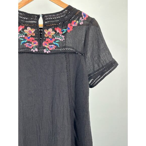 Umgee Black Babydoll Embroidered Cotton Dress with Lace Trim‎ - Women's Medium - Picture 5 of 8
